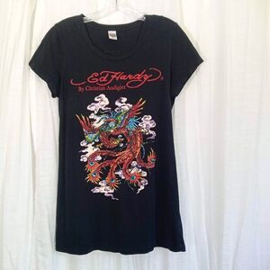 Vintage Ed Hardy Rhinestone Dragon T-Shirt Dress X-Long Top Black Short Sleeve L